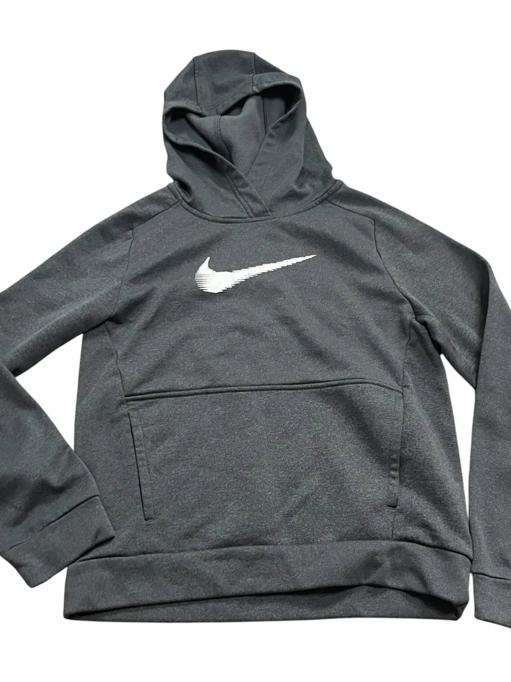 Nike Boys Charcoal Crewneck Hoodie White Swoosh Therma-Fit Size Medium